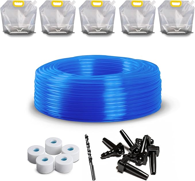5/16” x 50’ Maple Syrup Tree Tapping Tubing | Food Grade Hose with 5 Bags Caps No Hole 5 Caps with Hole 5 Spiles and Drill Bit | Rated for use for 15 Years Made in Canada Transparent Blue