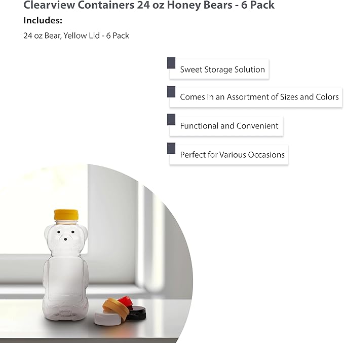 6 Pack of 24 Ounce Honey Bears with Sealable Yellow Flip Top Lids (24 oz. Bear 6pk Yellow)