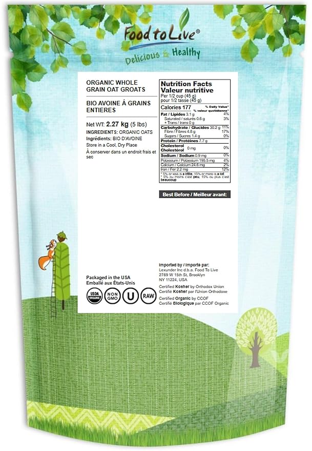 Food to Live Organic Oat Groats 5 Pounds – 100% Whole Grain Non-GMO Seeds Kosher Raw Non-Irradiated Vegan Bulk Low Glycemic Rich in Protein Fiber Copper and Manganese