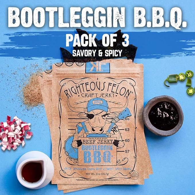 Righteous Felon Beef Jerky - Baby Blues BBQ - Gluten-Free Snacks - All-Natural Locally Sourced &amp Dried Beef Jerky - Low-Sugar High-Protein Healthy Snacks - 2 Ounces Each Pack of 3