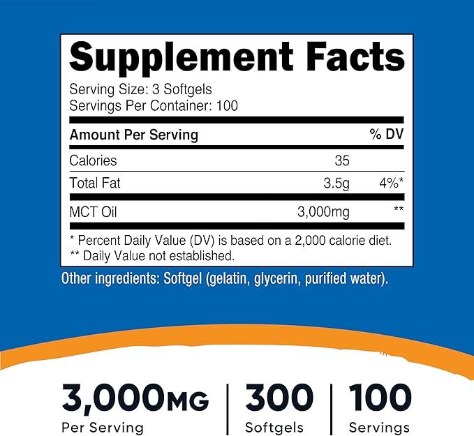 Nutricost MCT Oil Softgels 1000mg 300 SFG (3000mg Serv) - Great for Keto Ketosis and Ketogenic Diets