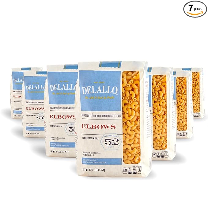 DeLallo Elbow Macaroni Pasta Made in Italy Bronze Cut Made with Only 100% Durum Wheat Semolina Flour All Natural Non-GMO Kosher Vegan 1 Pound Bag (7 Pack)