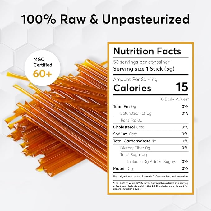 P.R.I Manuka Honey Sticks Certified MGO 60+ Raw New Zealand Manuka Honey Perfect for On-the-Go 50 count
