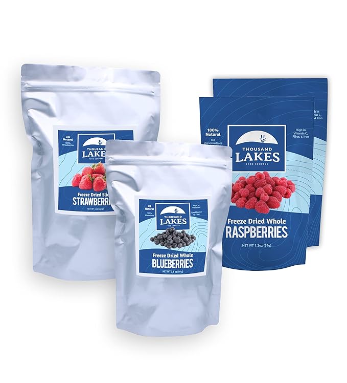 Thousand Lakes Freeze Dried Bulk Berries Bundle - 100% Sliced Strawberries 5 oz Whole Raspberries 2-Pack (2.4 oz total) Whole Blueberries 3.5 oz