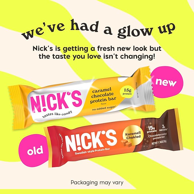 Nick’s Protein Bars Chocolate Caramel – 12-Count Box | Protein-Packed Snack Low Calories Low Carbs Keto Friendly No Added Sugar (12 bars x 50g)