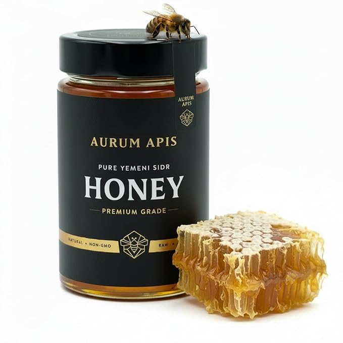 Aurum Apis Raw Yemeni Sidr Honey 100% Raw Unfiltered Pure Honey Hand Harvested Organic Honey Non-GMO Unprocessed Certified Organic Honey from Sidr Tree Blossoms Rich Flavor &amp Aroma Honey Jar