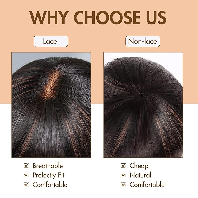 Bob Wig with Bangs Human Hair Glueless HD Lace Straight Short Bob Wig with Brown Highlights Ready to Go Short Wigs For Women （10 Inch bob wig）