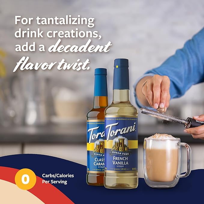 Torani Sugar Free Classic Caramel Syrup and Sugar Free French Vanilla Syrup Variety 2-Pack Coffee Syrups for Drinks Pumps Included 25.4 Fl Oz Ea