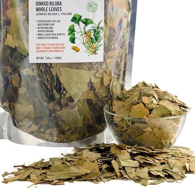 Siberian Green Ginkgo Biloba Cut and Sifted Loose Leaves 200g (7.06 oz) Tea with Sea Buckthorn Leaves