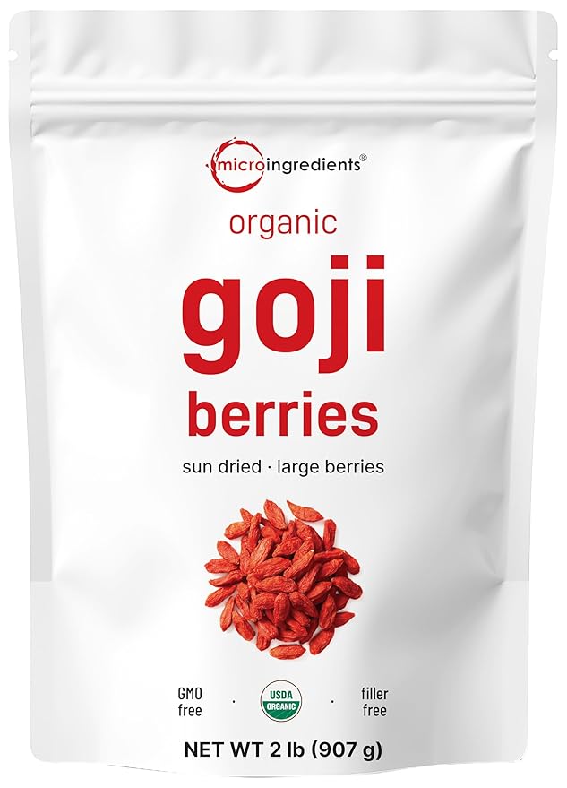 Micro Ingredients Organic Goji Berries 2lbs (32oz) | Large Whole Sun-Dried Berries | Raw Superfood Wolfberries | Natural Flavor for Trail Mix Juice &amp Tea | Sulfate Free Vegan Friendly Non-GMO