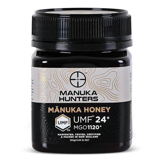 Manuka Hunters UMF 24+/MGO 1120+ Certified New Zealand Manuka Honey - 100% Pure Natural Sweetener - Gluten Dairy Free - Ideal for Tea Coffee Smoothies and Baking - Sustainable - 8.8oz/250g Jar