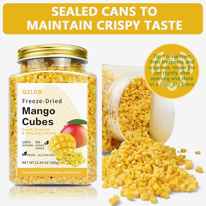 QZLGD Freeze Dried Mango Freeze Dried Fruit Diced Mango12.69oz/360g Crispy Crunchy Snacks for Baking Smoothie Yogurt