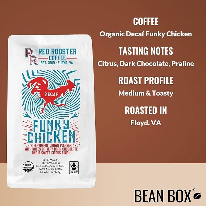 Organic Decaf Funky Chicken - Roasted by Red Rooster Coffee - Freshly Ground Coffee - 12 Ounce Bag