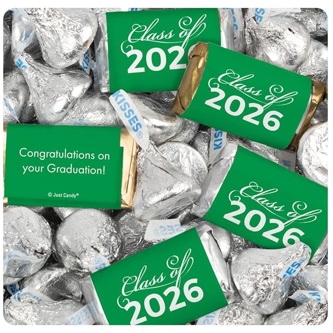 124 Pcs Green Graduation Candy Party Favors Green Wrapped Miniatures and Silver Kisses by Just Candy (1.52 lbs approx. 124 Pcs)