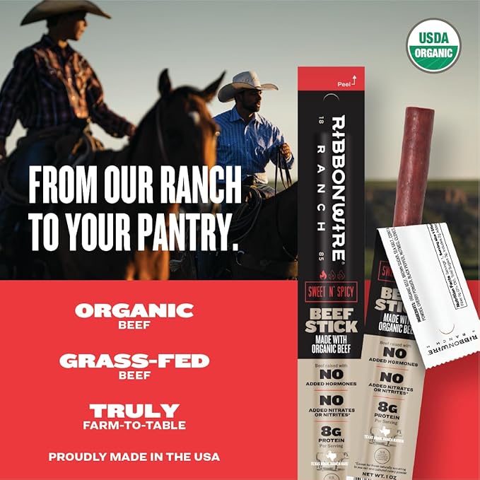Ribbonwire Ranch Beef Sticks Made with Organic Beef Pasture Raised High Protein Snack Healthy Low Carb Keto Friendly Gluten Free Nitrate Free On the Go 1 Oz Sticks Sweet N' Spicy 24 Pack