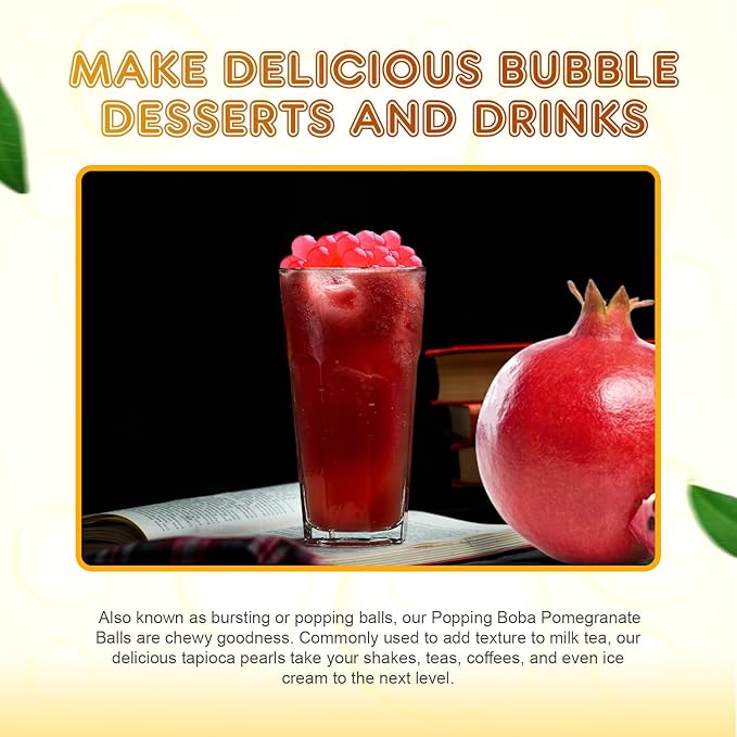 Fanale Pomegranate Popping Boba Pearls Vegan Non GMO Gluten Free Fat Free Perfect for Bubble Tea Smoothies Ice Cream Desserts and Beverages.