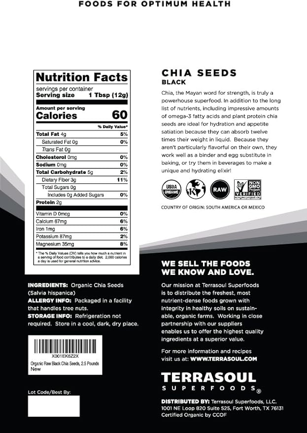 Terrasoul Superfoods Organic Black Chia Seeds 7.5 Pounds (Pack of 3) Bulk Size Non-GMO Vegan Gluten-Free