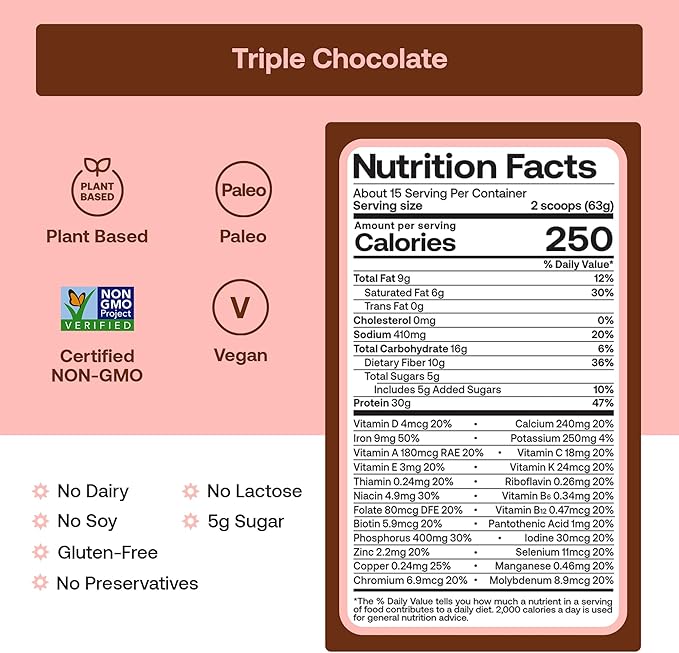Happy Viking Plant-Based Protein Powder +100 Superfoods Chocolate Meal Replacement Shake Created by Venus Williams 30g Plant Protein 10g Fiber Vegan Gluten-Free Non-GMO 15 Meals
