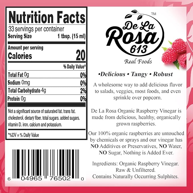 De La Rosa Organic Extra Virgin Olive Oil &amp Raspberry Vinegar 100% Pure Raw &amp Unfiltered Vegan Kosher Non-GMO &amp Gluten Free Great for Salad Dressing Marinades &amp More 16.9 Oz (Pa