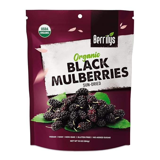 Berrilys Organic Sun-Dried Black Mulberries 4 Pack Bundle [4x10 oz] Raw Gluten Free Mulberry No Preservatives No Additives No Colorings