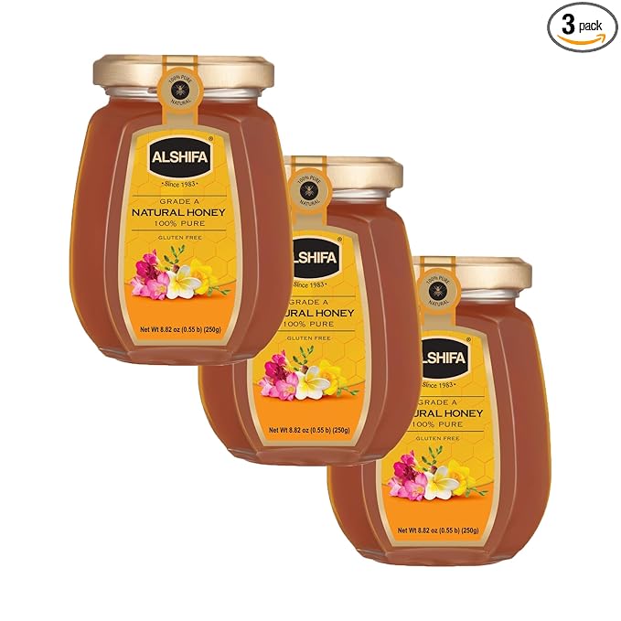 ALSHIFA Natural Honey 8.81oz (250g) | Pack of 3 | Raw Pure &amp Unpasteurized | 100% Pure Wildflower | No Added Sugar | Glass Bottle