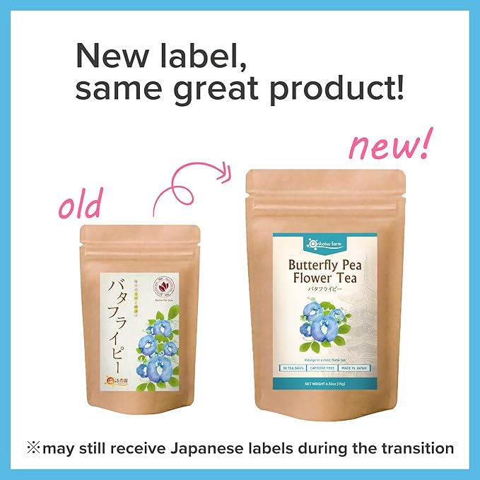 Onkatsu Farm Butterfly Pea Flower Premium Japanese Tea Bags Mellow Woody Flavor Hot or Iced Caffeine Free 30 Total Tea Bags