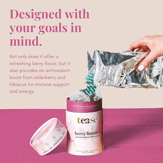 Tease Tea Organic Hibiscus Berry Booster – Elderberry Herbal Tea Caffeine-Free with Hibiscus Currant &amp Natural Flavors Supporting Daily Wellness and Vitality