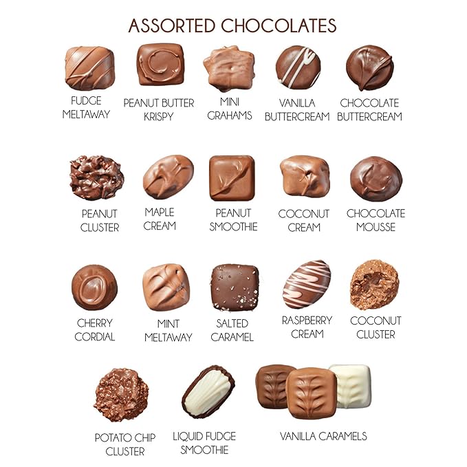 Assorted Chocolates Gift Box 1lb. (32pc) - Milk Dark White Chocolate Caramels Clusters Creams - Unique Ideas for Holidays Birthdays Business Gifts Party Favor