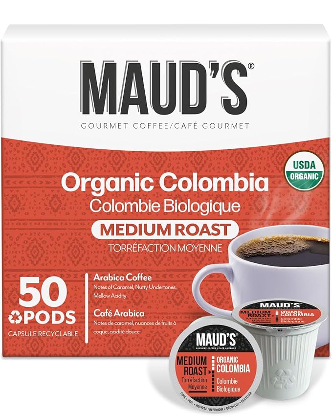 Maud's Organic Colombian Coffee Pods 50 ct Single Origin Colombian Medium Roast Coffee in Single Serve Pods – 100% Arabica Coffee Compatible with Keurig K Cups Maker