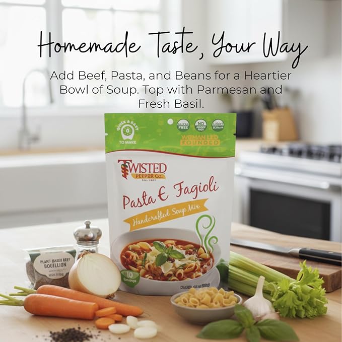 Twisted Pepper Co. Pasta E Fagioli Soup Mix: Gluten-Free – Handcrafted Soup – Rich Italian Flavors Low Sodium No Added MSG | Quick &amp Easy Meal Ready in 30 Minutes Serves 10 Add Pasta &amp To