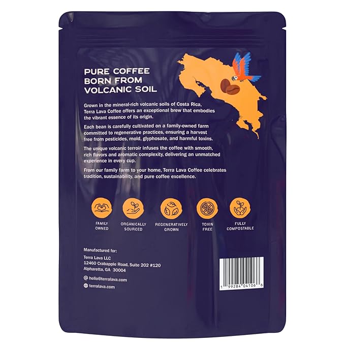 Terra Lava Coffee – Dark Roast Whole Bean Coffee Single-Origin Costa Rican Arabica Volcanic Soil Grown Honey-Processed Tested for Mold &amp Mycotoxins 12 oz