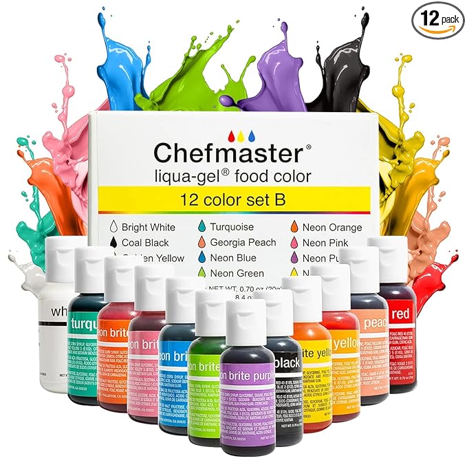 Chefmaster - Liqua-Gel Food Coloring - 12 Color Set B - Fade Resistant - 12 Pack - Vibrant Eye-Catching Colors Easy-To-Blend Formula Fade-Resistant - Made in the USA