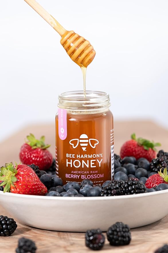 Bee Harmony Honey 5 Pack Variety Pack Contains 5 jars 12 ounces each (Clover Wildflower Orange Blossom Berry and Blueberry)