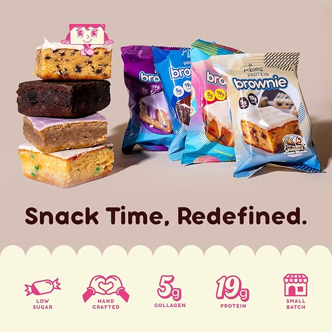 Prime Bites High Protein Brownie (12 Per Box Birthday Cake Blondie) - 19g of Protein 5g of Collagen Gluten Free Low Sugar Treat Delicious Protein Snack