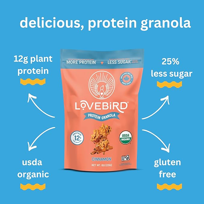 Lovebird Gluten Free Granola - Organic Protein Granola - 7 Real Ingredients - No Refined Sugar &amp Healthy Cinnamon Mix for High Protein Cereal Gut Health USDA Organic - Cinnamon 3 Pack
