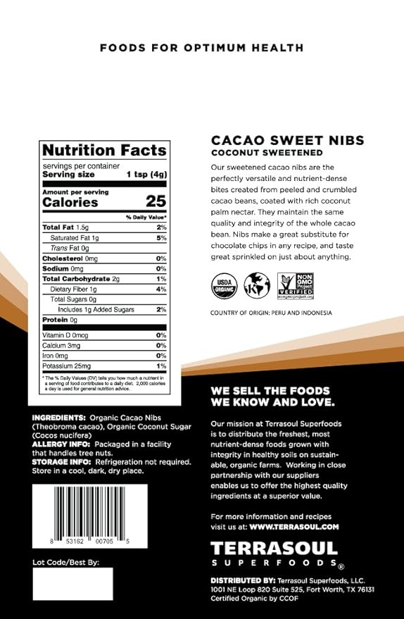 Terrasoul Superfoods Organic Sweet Cacao Nibs 1 Pound