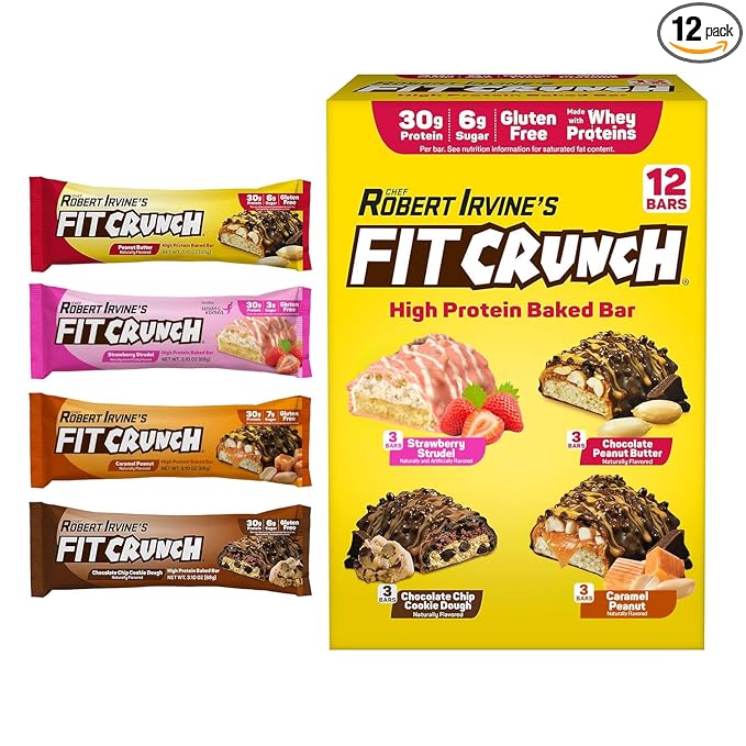 FITCRUNCH Full Size Protein Bars 6-Layer Baked Bar 6g of Sugar Gluten Free &amp Soft Cake Core (12 Bars Variety Pack)