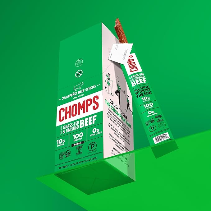 Chomps Grass-Fed and Finished Jalapeño Beef Jerky Snack Sticks 10-Pack - Keto Paleo Whole30 10g Lean Meat Protein Gluten-Free Zero Sugar Food Non-GMO