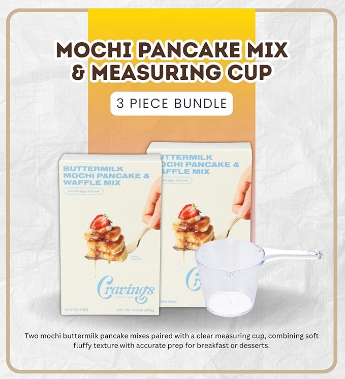 Butter Milk Pancake – 2x Buttermilk Mochi Pancake and Waffle Mix – 14.2OZ Bundle with 1 Cup Plastic Clear Measuring Cup – Rice Flour Blend with Buttermilk for Pancakes and Waffles – Gift Set (3 Items)