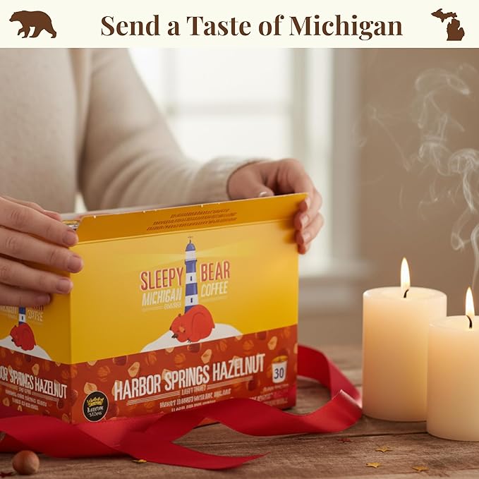 Sleepy Bear Coffee Pods Medium Roast Arabica Rich Flavor Michigan-Made Smooth &amp Sweet No Sugar Added 30ct Pods Compatible with Single-Serve Brewers (Harbor Springs Hazelnut)