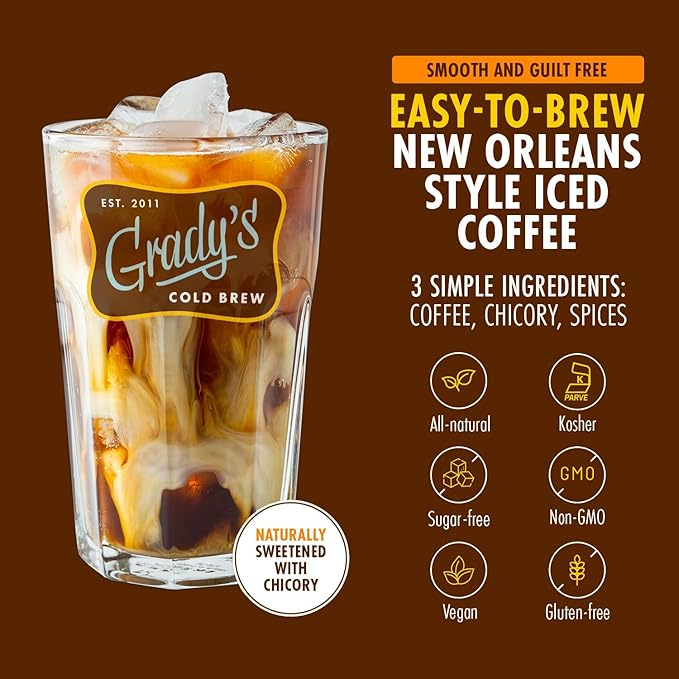 GRADY’S COLD BREW New Orleans Style - DECAF 100% Arabica Ground Coffee &amp Chicory Pouches ONE Bundle of 4 Easy-to-Brew Bean Bags Makes 12 drinks