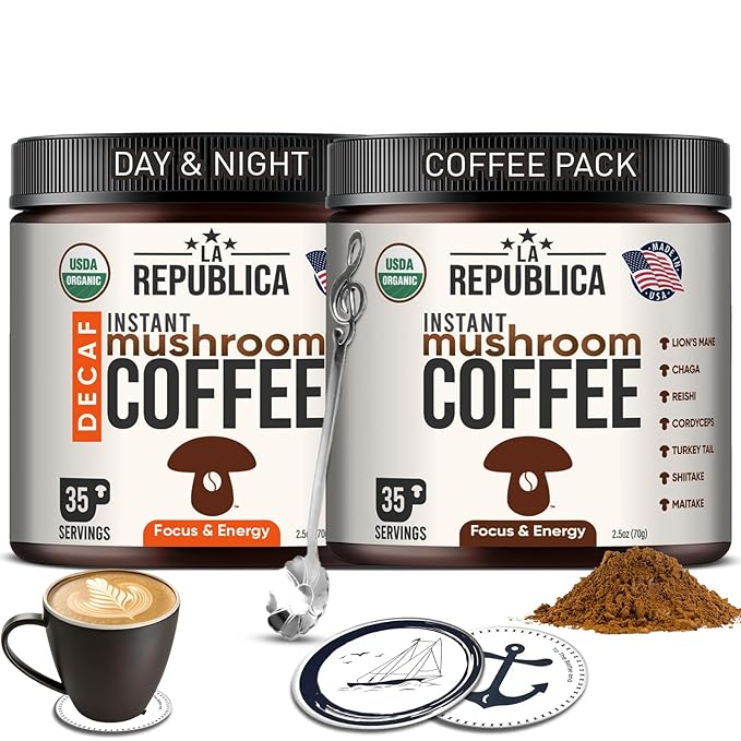 La Republica Organic Instant Mushroom Coffee (2.5oz) + Decaf (2.5oz) - 70 Servings with Coasters &amp Mixing Spoon - 100% Arabica with Lion's Mane Reishi Chaga Cordyceps Shiitake Maitake Turkey