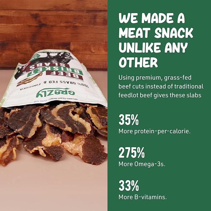 Grazly Beef Brisket Slab – Grass-Fed &amp Finished | Only Meat &amp Salt Soft &amp Buttery Texture | High-Protein Carnivore Snack | Made from 1lb Raw Brisket | 5oz On-the-Go Snack Pack