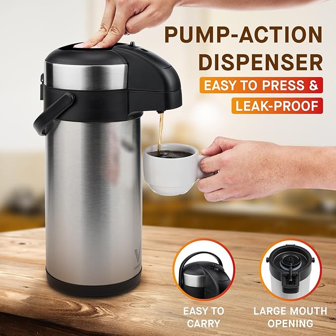 VONDIOR Airpot Coffee Dispenser with Pump - 169 Oz Insulated Stainless Steel Coffee Carafe - Thermal Beverage Dispenser - Coffee Urn for Hot/Cold Water Party Chocolate Drinks