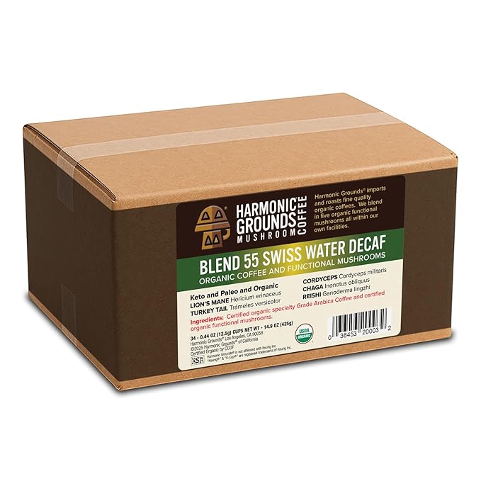 Harmonic Grounds Organic Decaf Mushroom Coffee Pods - Swiss Water Process Medium Roast with Lion's Mane Reishi Chaga Cordyceps &amp Turkey Tail - Compatible with Keurig K-Cup Brewers - 34 Count