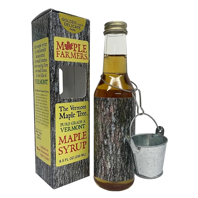 Vermont Maple Syrup Pure Small-Batch Handcrafted on Small Family Farms by MAPLE FARMERS 8.5 oz Glass Bottle with Decorative Metal Sap Bucket Golden Amber Dark &amp Very Dark (Golden &amp Del