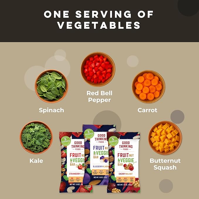 Good Thinking Foods Fruit &amp Veggie Bars - Variety Pack | Mediterranean Diet Snack Vegan Organic Fruit Real Vegetables High Fiber (12g) Healthy Fats Antioxidants No Added Sugar Great Tastin