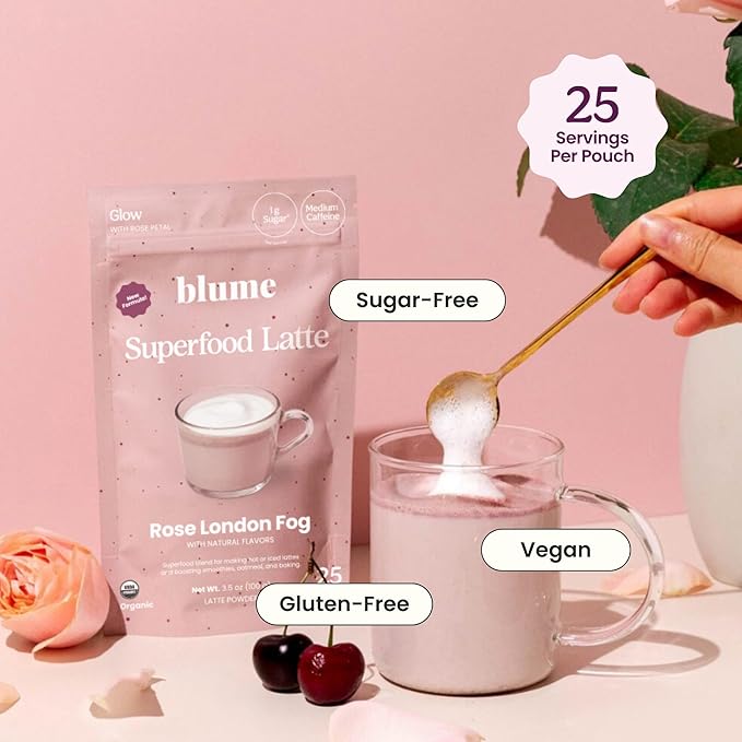 Blume Organic Rose London Fog Earl Grey Tea | Decaf Black Tea Rose Petal Powder Vanilla Tart Cherry and Bergamot | Plant Based Superfood Latte | Vegan Gluten Free Drink | 25 Servings
