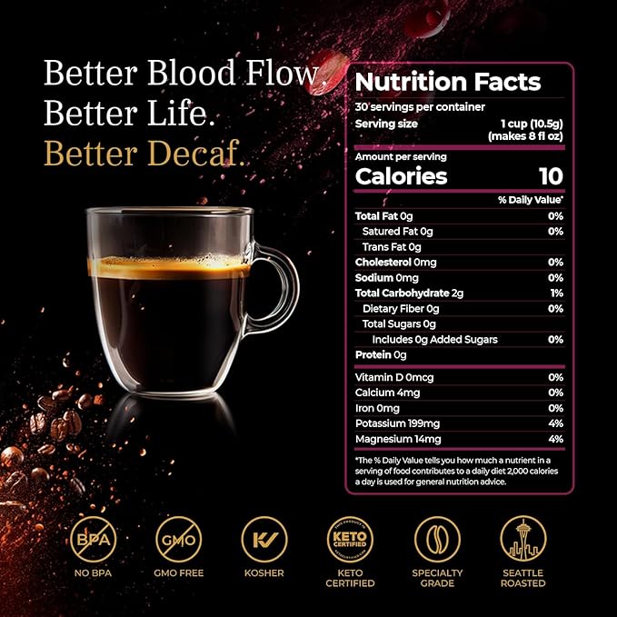 VINIA Decaf Medium Dark Roast Coffee with Red Grape Piceid Resveratrol Nitric Oxide for Heart Health Alertness Physical Energy &amp Blood Flow Circulation. 30ct K-Cup Pods