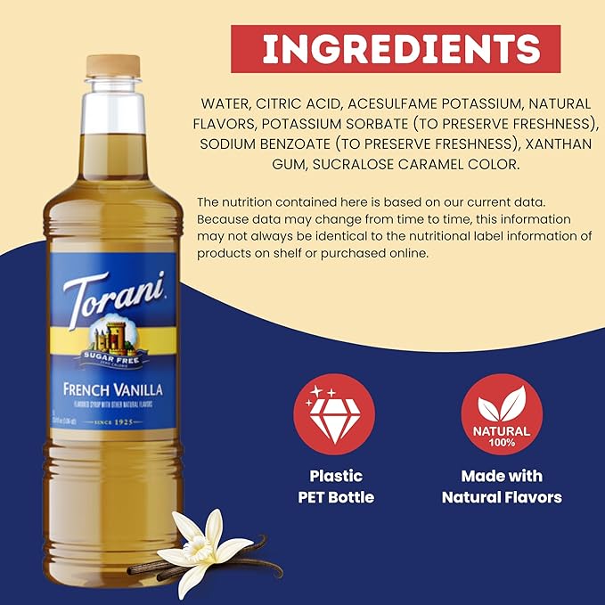 Torani Sugar Free French Vanilla Syrup 1 Liter Bottle with Pump Dispenser – Zero Calorie Flavored Coffee Syrup for Lattes Cold Brews Teas Cocktails &amp Desserts – Keto Friendly
